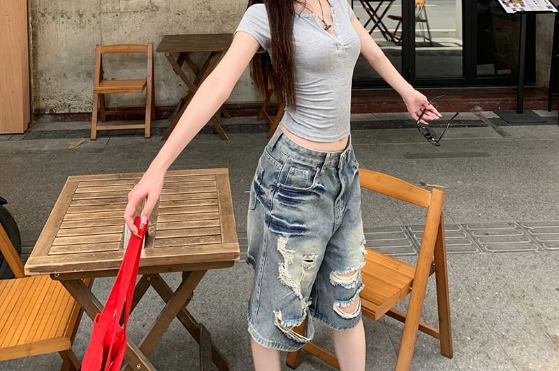 Tee Neck Sleeve Short Plain Henley