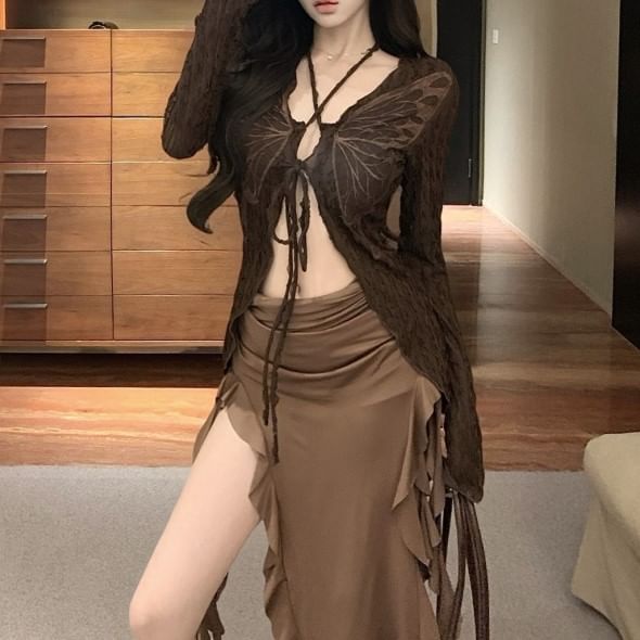 Butterfly Midi Long Top Plain Strapless Front Tie Trim Sleeve / V-Neck Print Bodycon Ruffle Dress