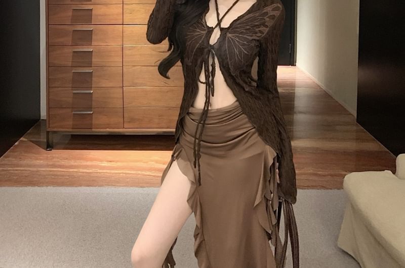 Butterfly Midi Long Top Plain Strapless Front Tie Trim Sleeve / V-Neck Print Bodycon Ruffle Dress