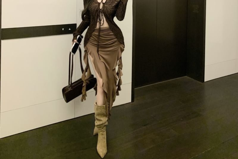 Butterfly Midi Long Top Plain Strapless Front Tie Trim Sleeve / V-Neck Print Bodycon Ruffle Dress