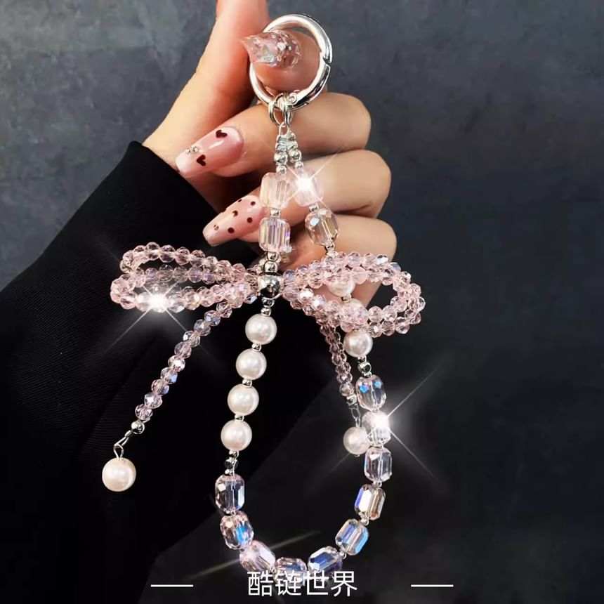 with Lanyard Pad Pearl Phone Faux Strap Bow Crystal