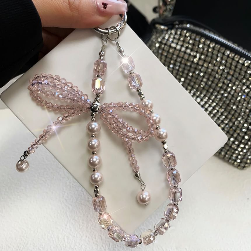 with Lanyard Pad Pearl Phone Faux Strap Bow Crystal