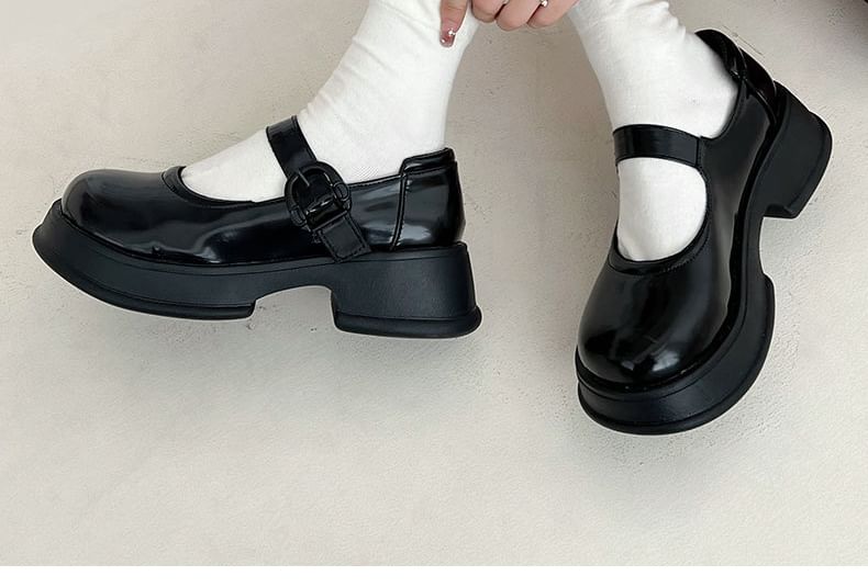 Platform Faux Plain Leather Shoes Buckled Jane Mary