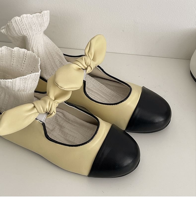 Bow Faux Mary Jane Leather Flats Accent Toe Cap