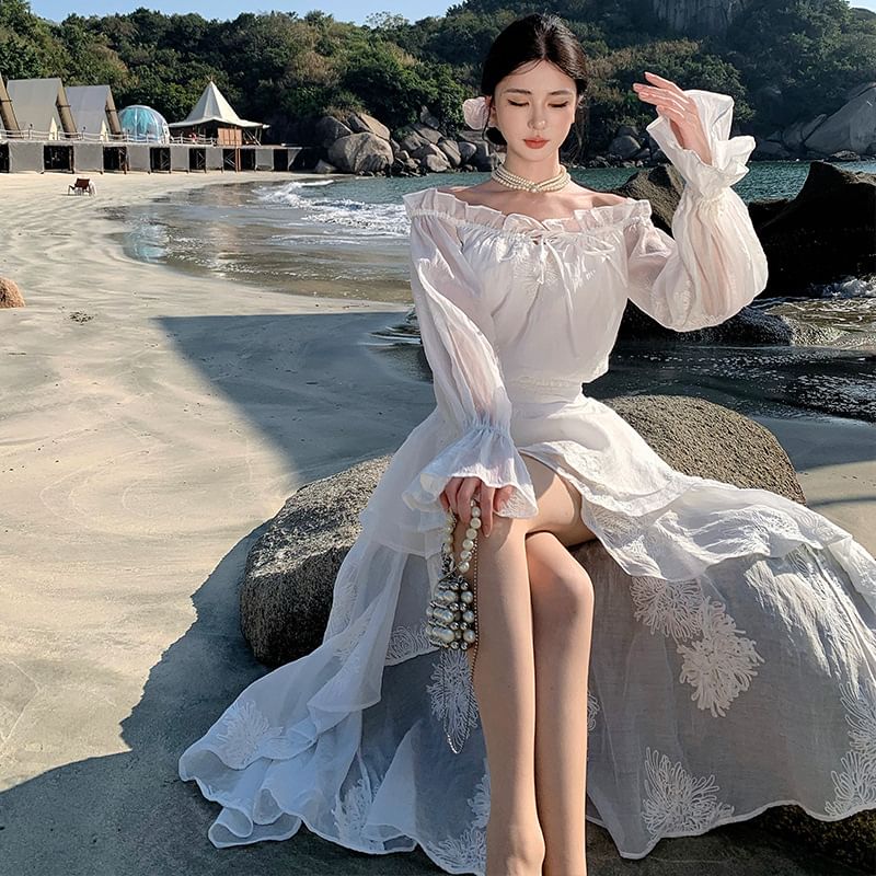 Ruffle Dress Plain High A-Line Maxi Low Long-Sleeve Off-The-Shoulder