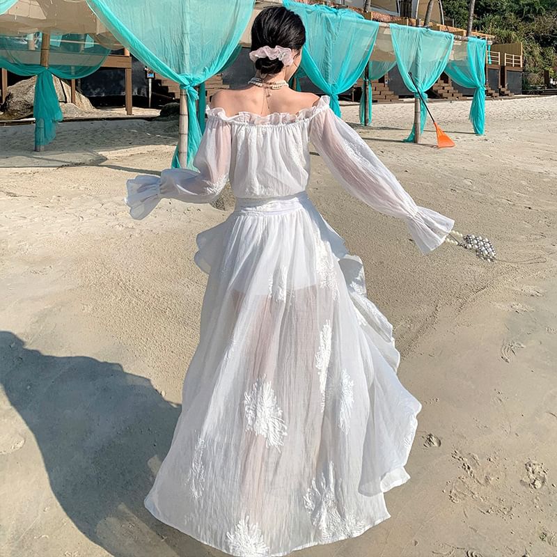 Ruffle Dress Plain High A-Line Maxi Low Long-Sleeve Off-The-Shoulder