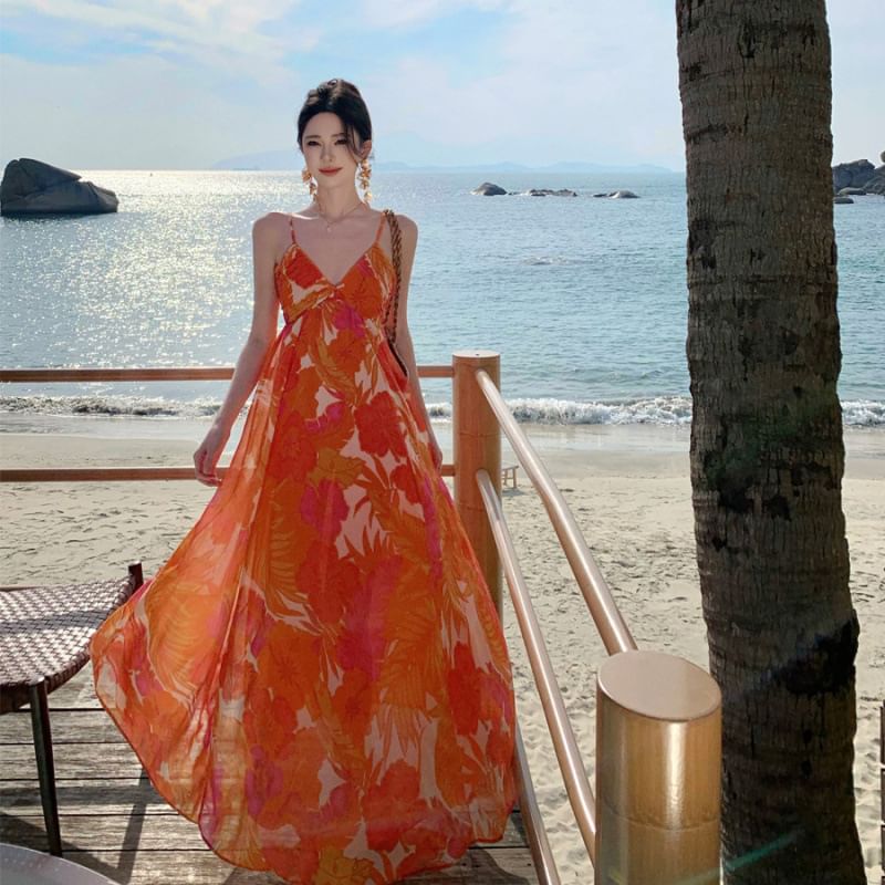 Print Strap V-Neck Floral Maxi Spaghetti A-Line Dress