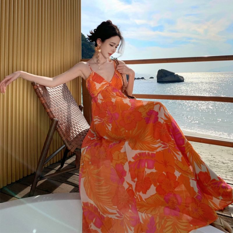 Print Strap V-Neck Floral Maxi Spaghetti A-Line Dress