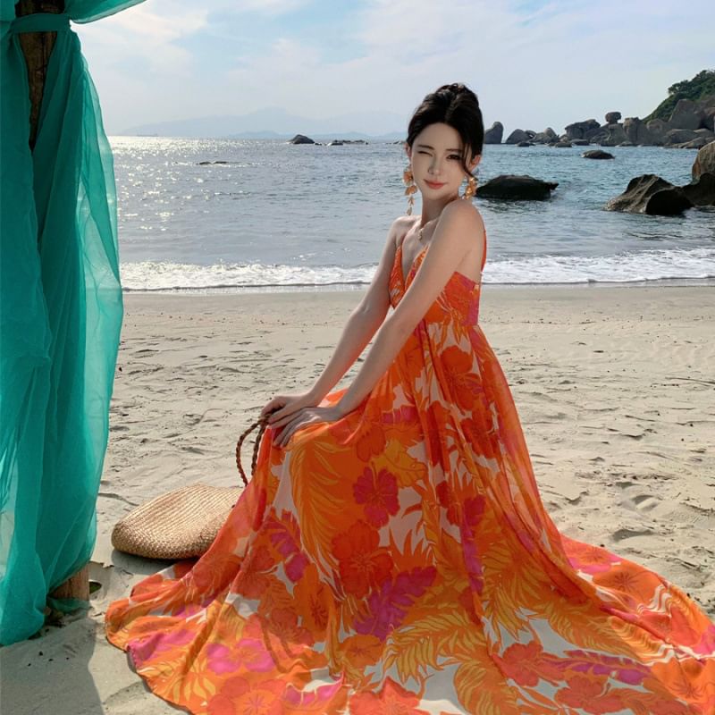 Print Strap V-Neck Floral Maxi Spaghetti A-Line Dress