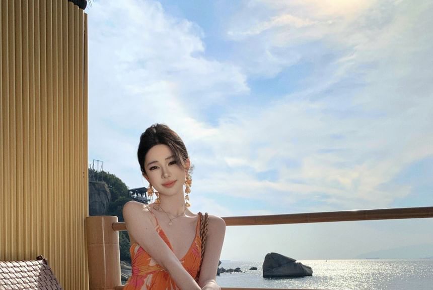 Print Strap V-Neck Floral Maxi Spaghetti A-Line Dress