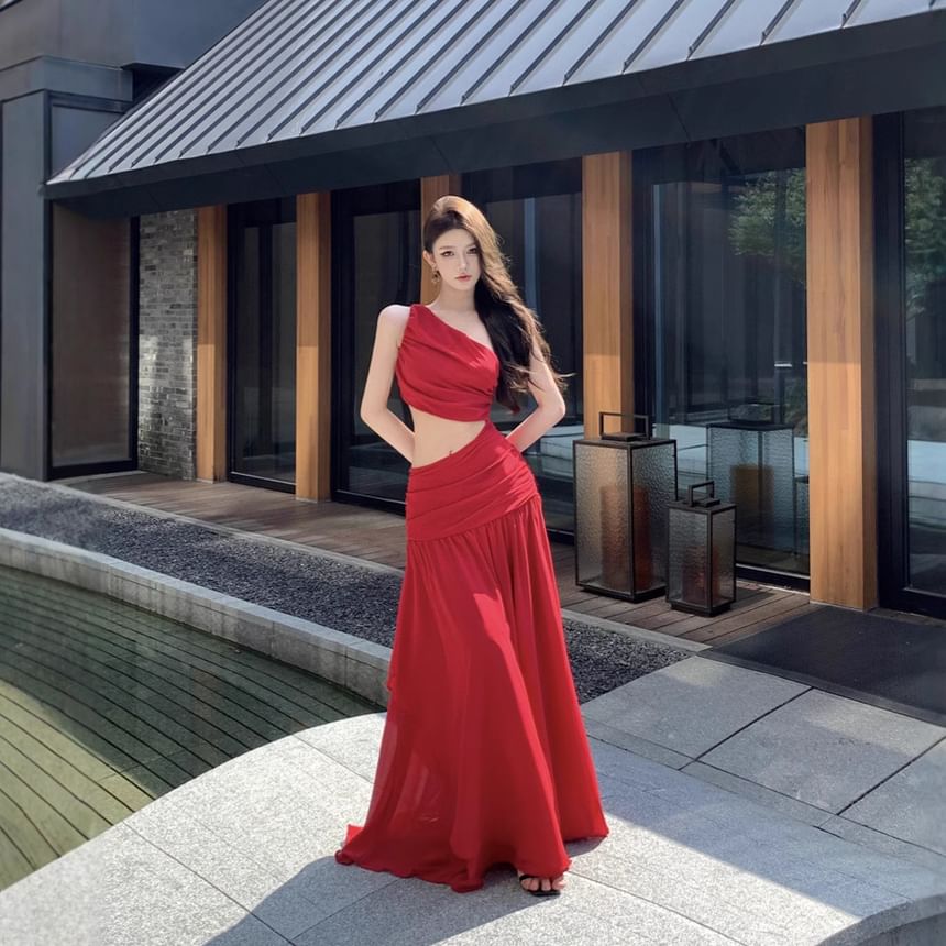 Dress Shoulder Plain Ruched Maxi Sleeveless A-Line One