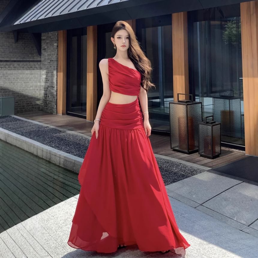 Dress Shoulder Plain Ruched Maxi Sleeveless A-Line One