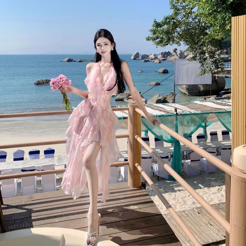 Halter Top + Set: Floral High Midi V-Neck Crop Skirt A-Line Waist