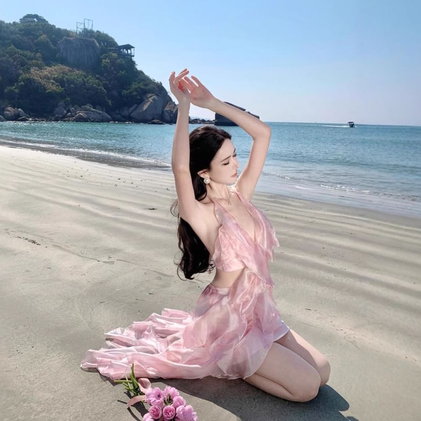 Halter Top + Set: Floral High Midi V-Neck Crop Skirt A-Line Waist