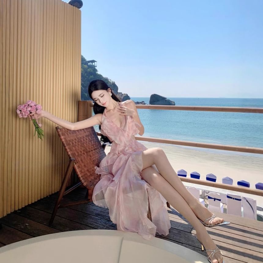 Halter Top + Set: Floral High Midi V-Neck Crop Skirt A-Line Waist