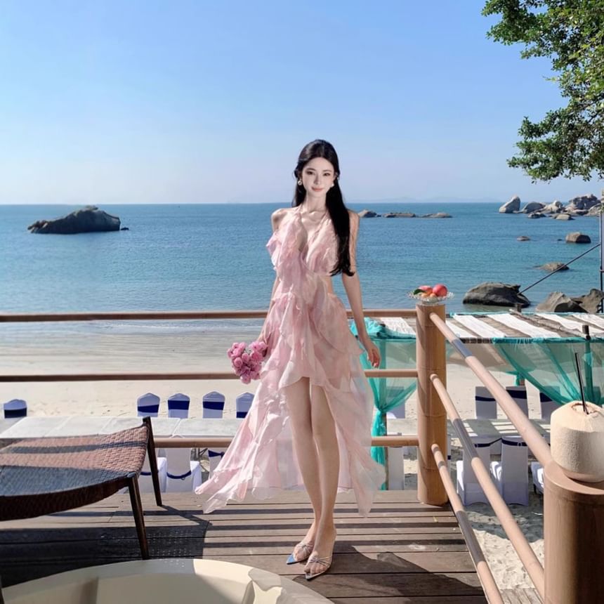 Halter Top + Set: Floral High Midi V-Neck Crop Skirt A-Line Waist