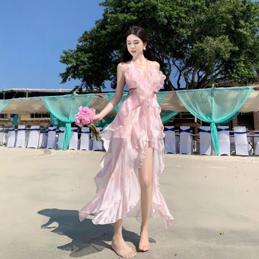 Halter Top + Set: Floral High Midi V-Neck Crop Skirt A-Line Waist