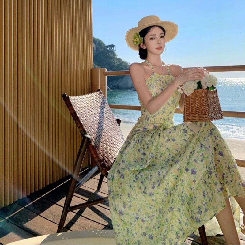 Midi Dress Neck Flower Halter A-Line Print