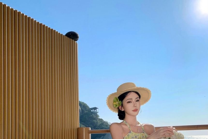 Midi Dress Neck Flower Halter A-Line Print