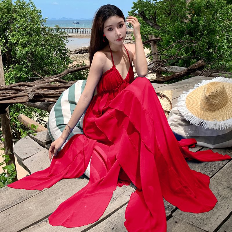 Halter Dress Plain Trim Maxi Neck A-Line Ruffle Spaghetti Strap