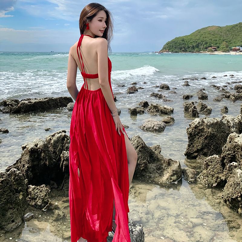 Halter Dress Plain Trim Maxi Neck A-Line Ruffle Spaghetti Strap