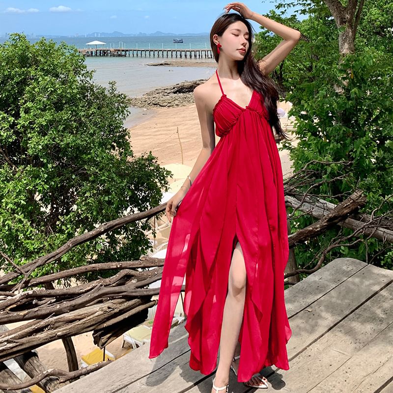 Halter Dress Plain Trim Maxi Neck A-Line Ruffle Spaghetti Strap