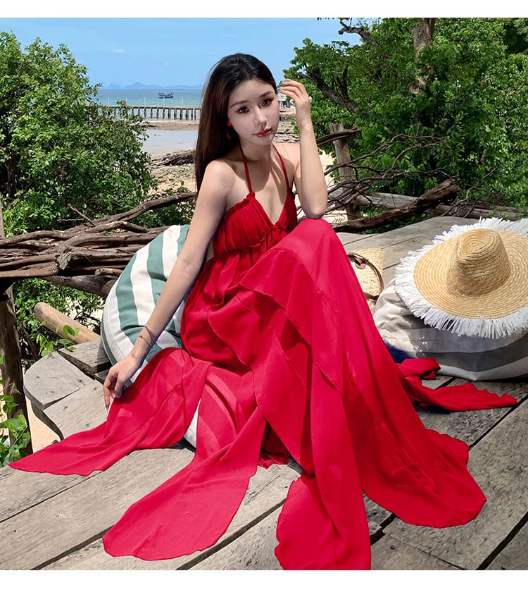Halter Dress Plain Trim Maxi Neck A-Line Ruffle Spaghetti Strap