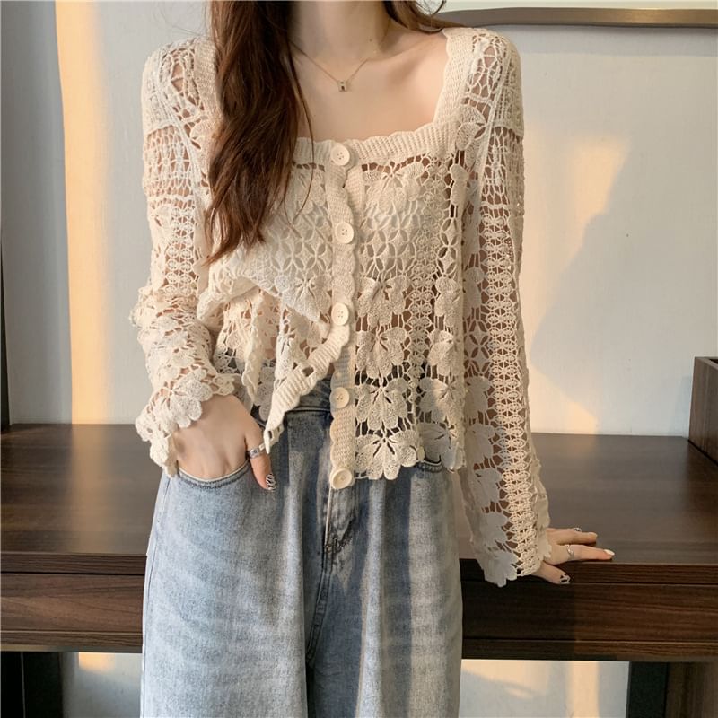 Cropped Crochet Floral Square Cardigan Neck