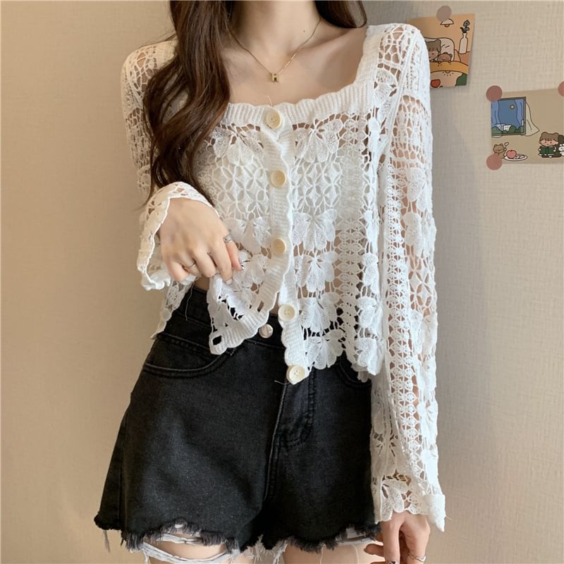 Cropped Crochet Floral Square Cardigan Neck