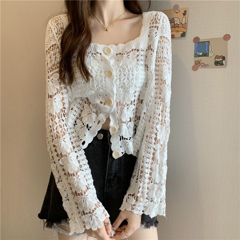 Square Cropped Crochet Neck Cardigan Floral