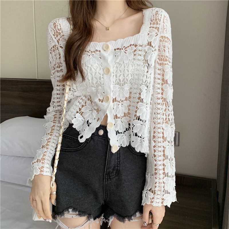 Square Cropped Crochet Neck Cardigan Floral