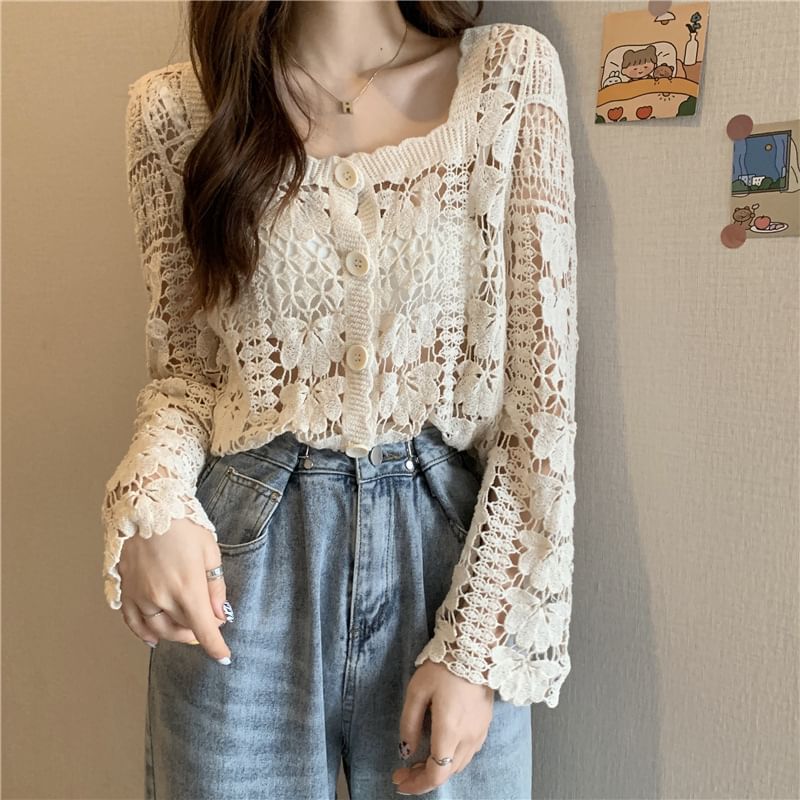 Cropped Crochet Floral Square Cardigan Neck