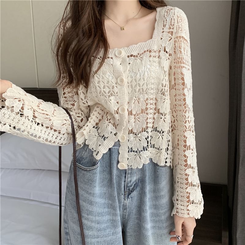 Square Cropped Crochet Neck Cardigan Floral
