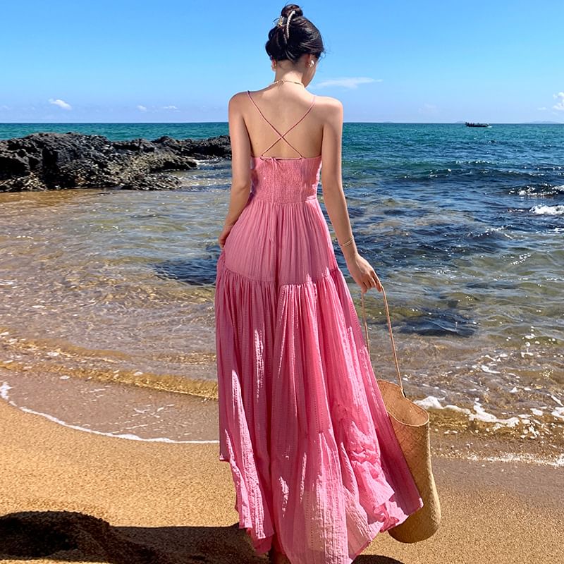 Spaghetti Plain A-Line Strap Textured Maxi Dress