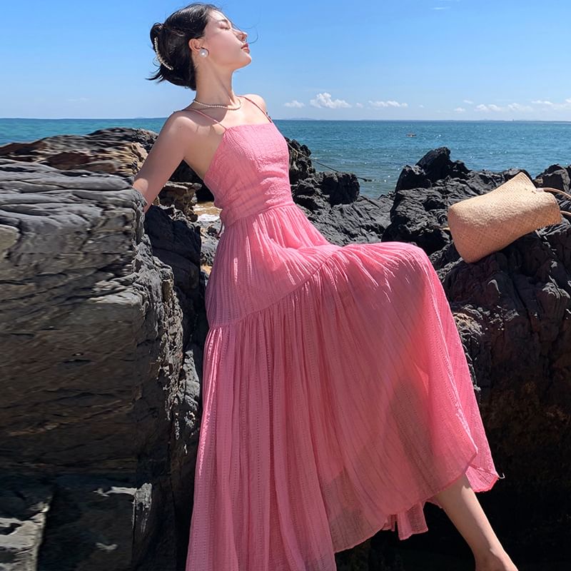 A-Line Dress Maxi Textured Strap Spaghetti Plain