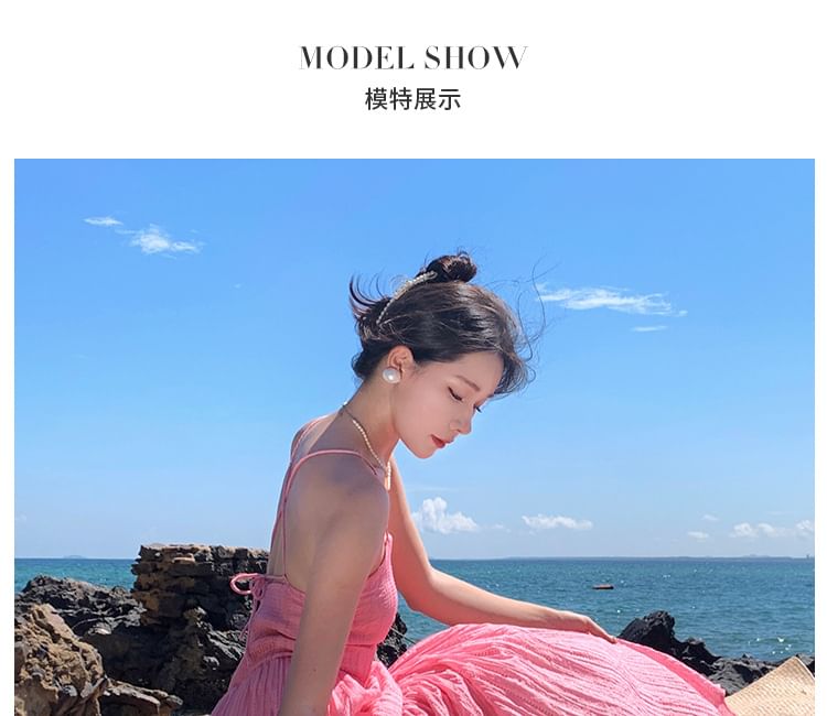 Maxi A-Line Textured Spaghetti Strap Plain Dress