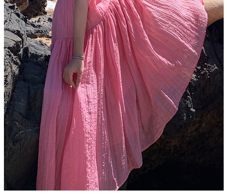 Maxi A-Line Textured Spaghetti Strap Plain Dress