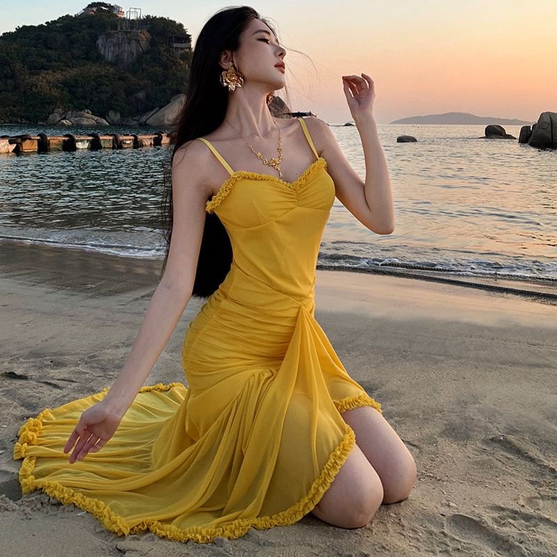 Ruffle Spaghetti Hem Maxi V-Neck Strap Dress Bodycon Plain