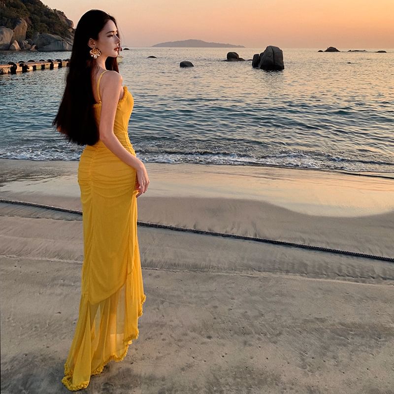 Dress Plain Strap Ruffle Spaghetti V-Neck Maxi Bodycon Hem