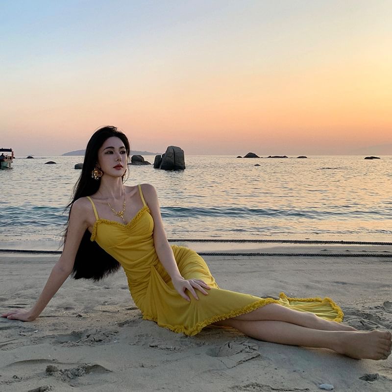 Ruffle Spaghetti Hem Maxi V-Neck Strap Dress Bodycon Plain