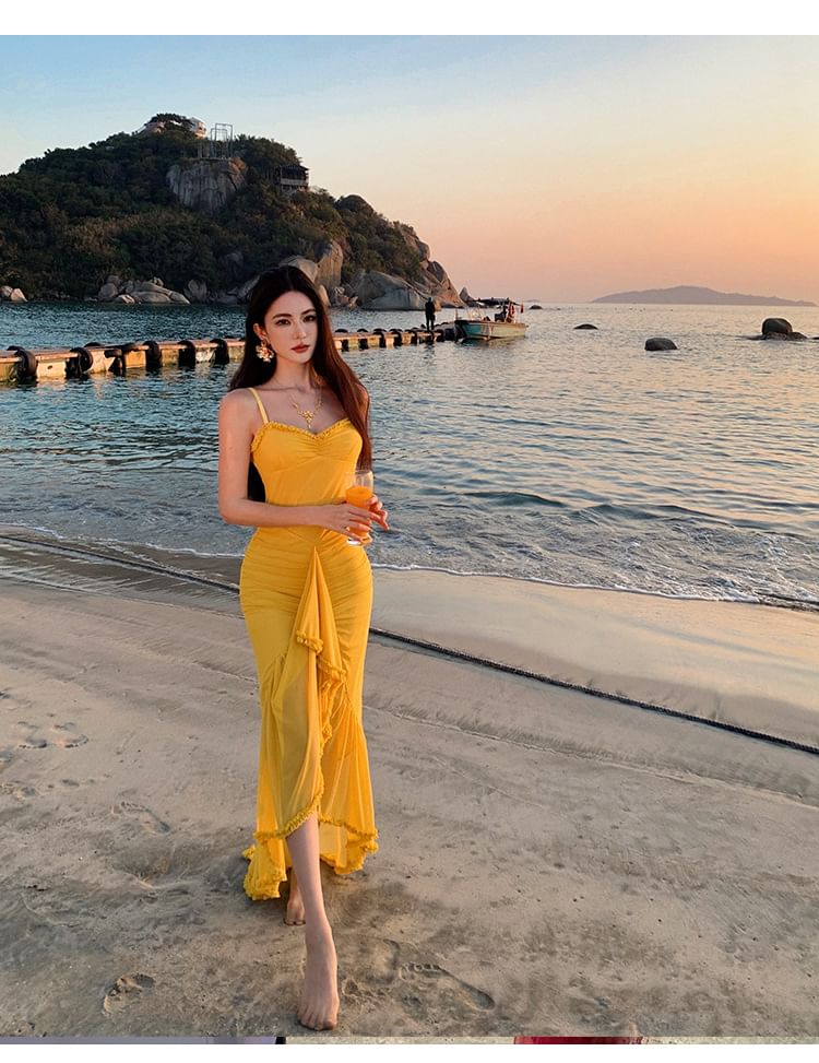 Ruffle Spaghetti Hem Maxi V-Neck Strap Dress Bodycon Plain