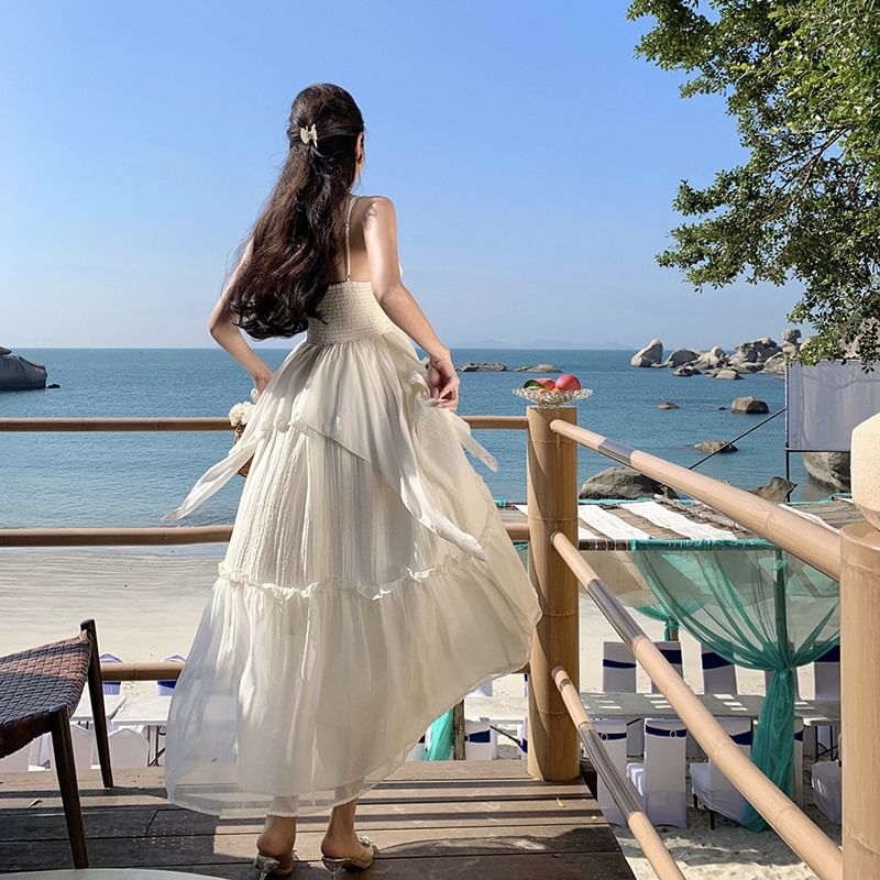 Plain Ruffle Dress A-Line Maxi Spaghetti V-Neck Trim Strap