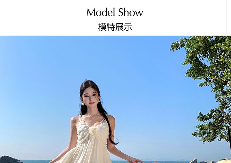 Plain Ruffle Dress A-Line Maxi Spaghetti V-Neck Trim Strap