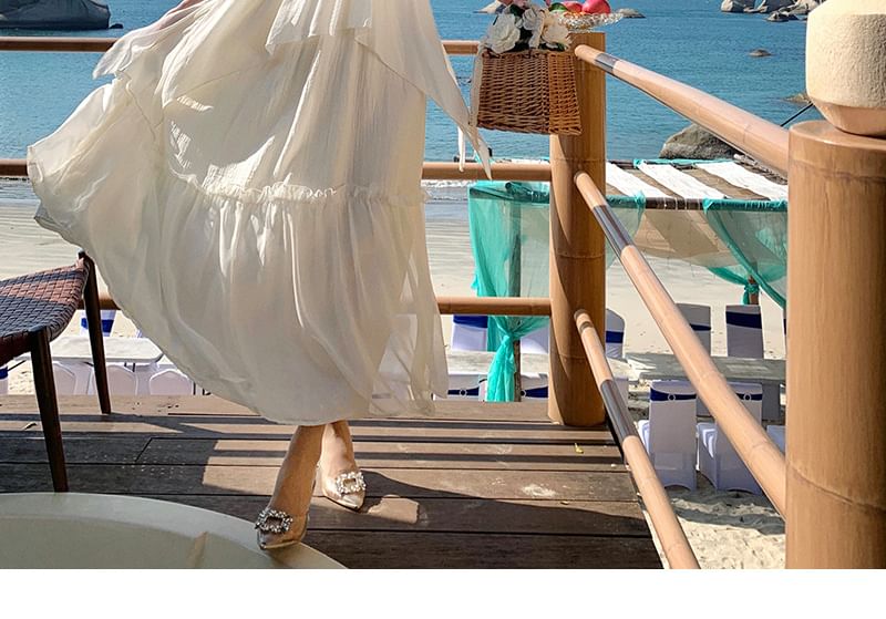 Strap Maxi Plain Ruffle Dress Spaghetti A-Line Trim V-Neck