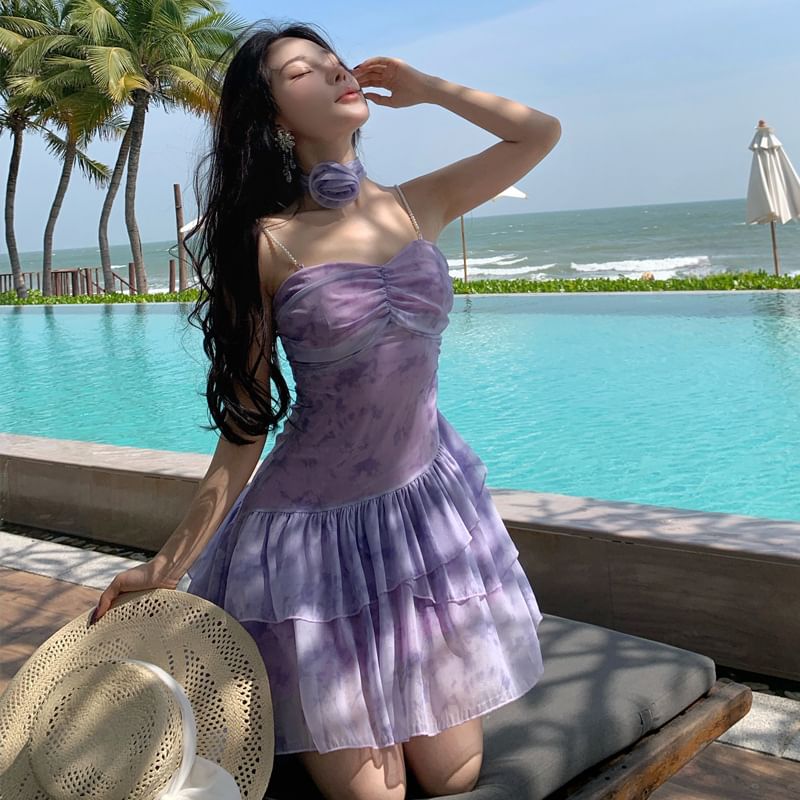 Tie-Dye Strap Dress V-Neck Mini A-Line Spaghetti