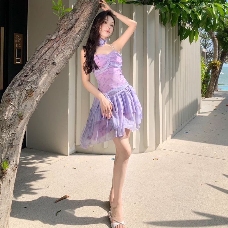 Mini A-Line Dress Tie-Dye Strap Spaghetti V-Neck