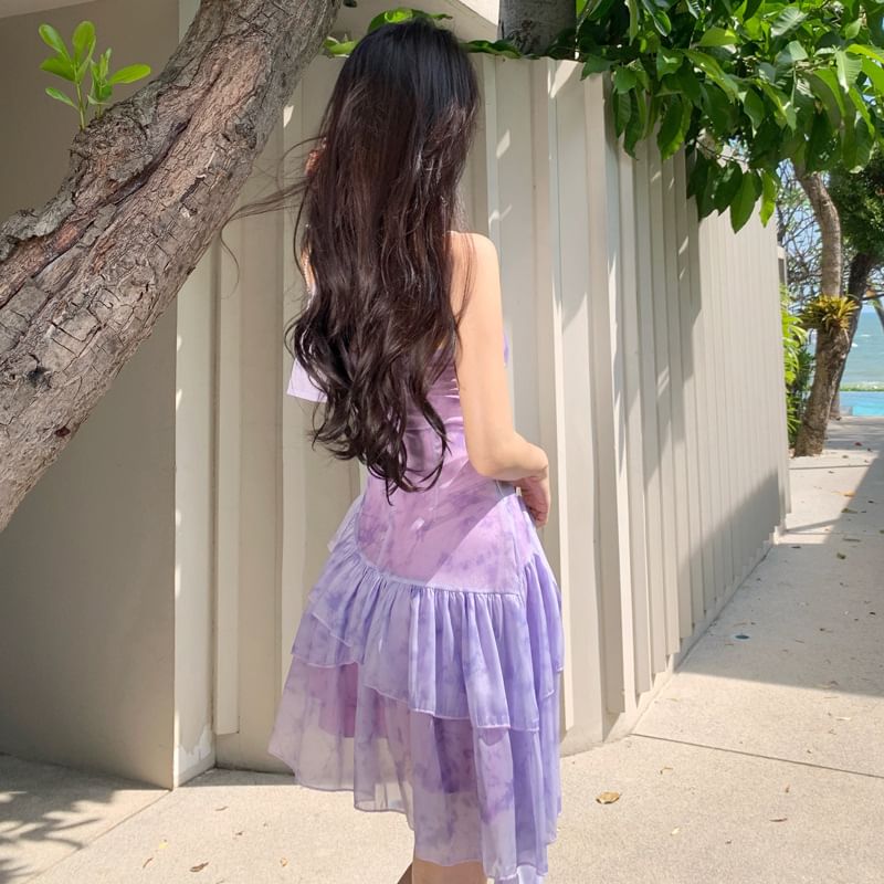 Tie-Dye A-Line Mini Dress Strap V-Neck Spaghetti