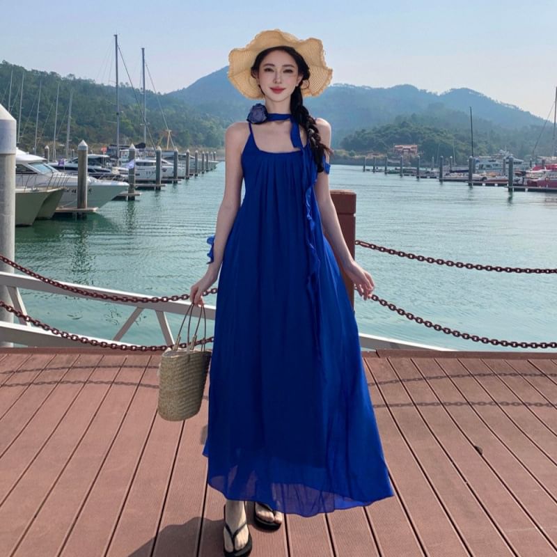 Strap A-Line Maxi Dress Ruffle Scoop Trim Neck Spaghetti Plain