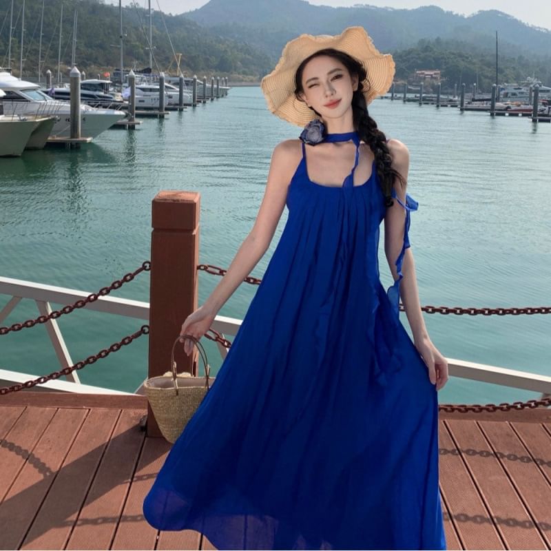 Trim Spaghetti Neck A-Line Dress Plain Maxi Strap Scoop Ruffle