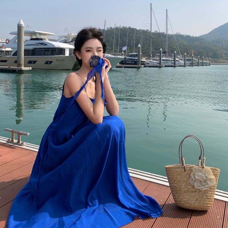 Trim Spaghetti Neck A-Line Dress Plain Maxi Strap Scoop Ruffle